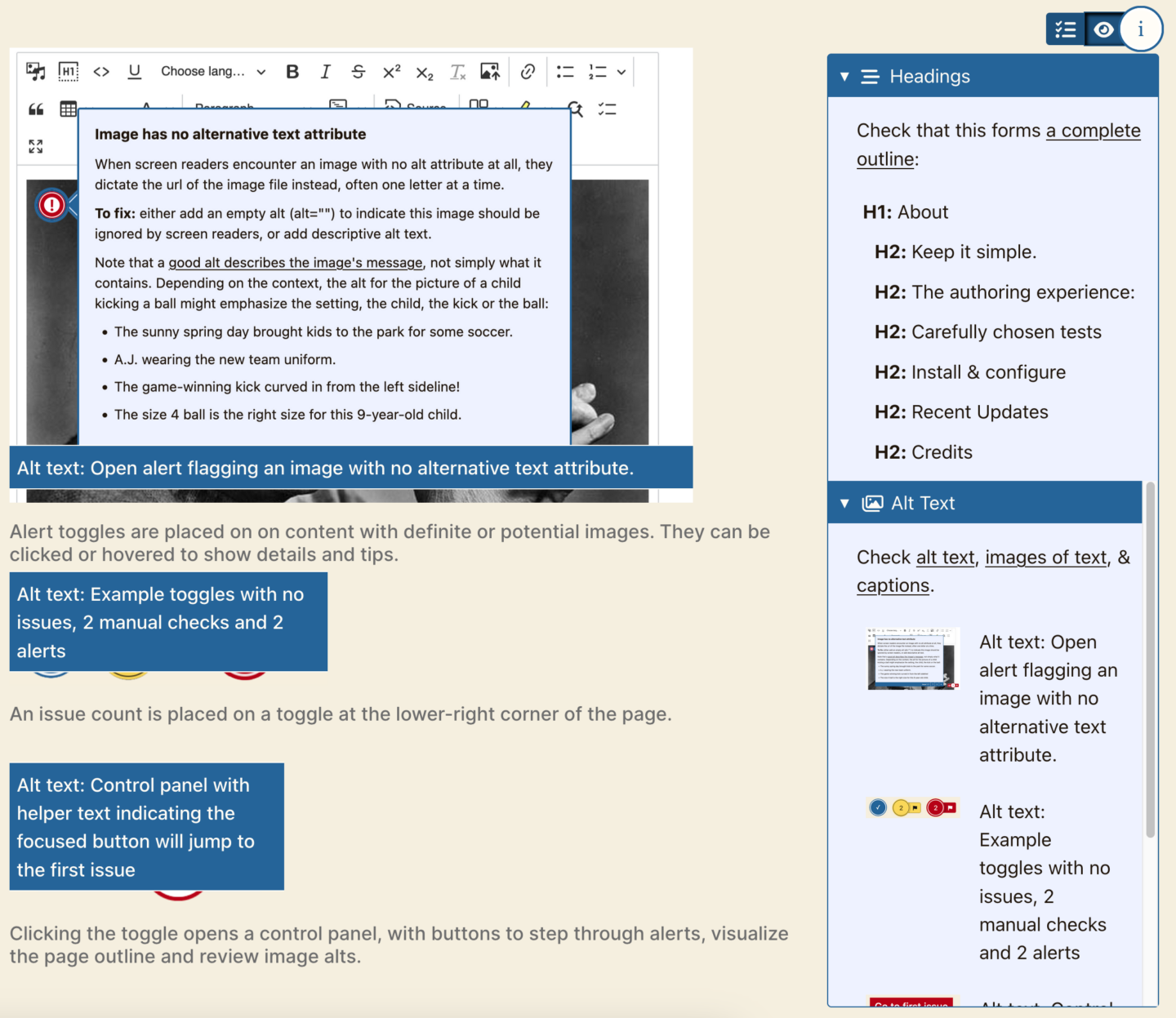 Open heading and alt text panels with a copy of the document outline and an alt text visualizer